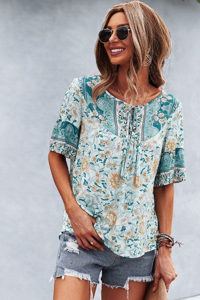 Blue Floral Short Sleeve Blouse w/ Tie Front