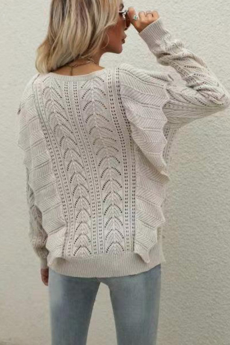 Beige Ruffled Knit Pullover