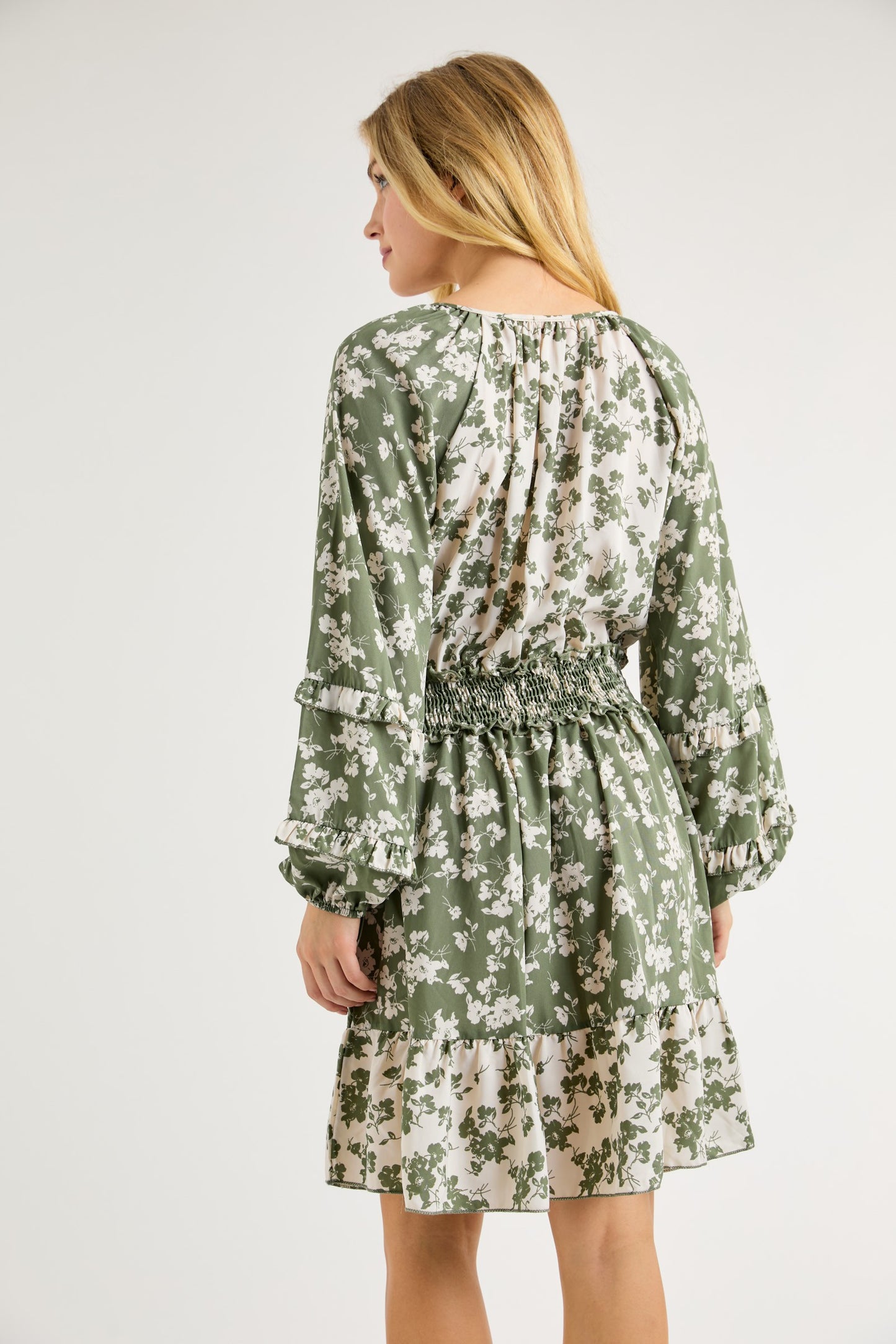 Sage + White Floral Mini Dress w/ Smocked Waist