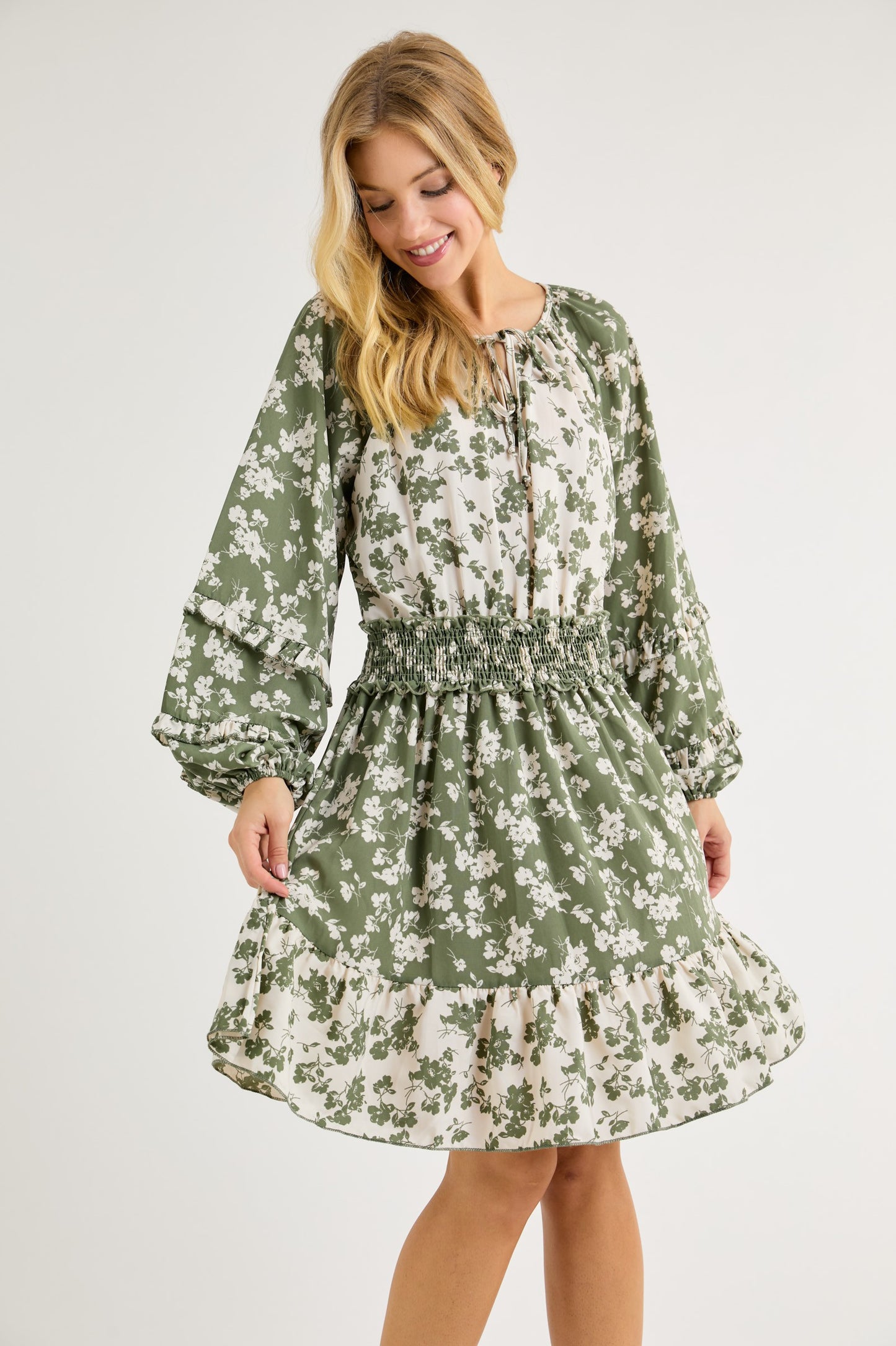 Sage + White Floral Mini Dress w/ Smocked Waist