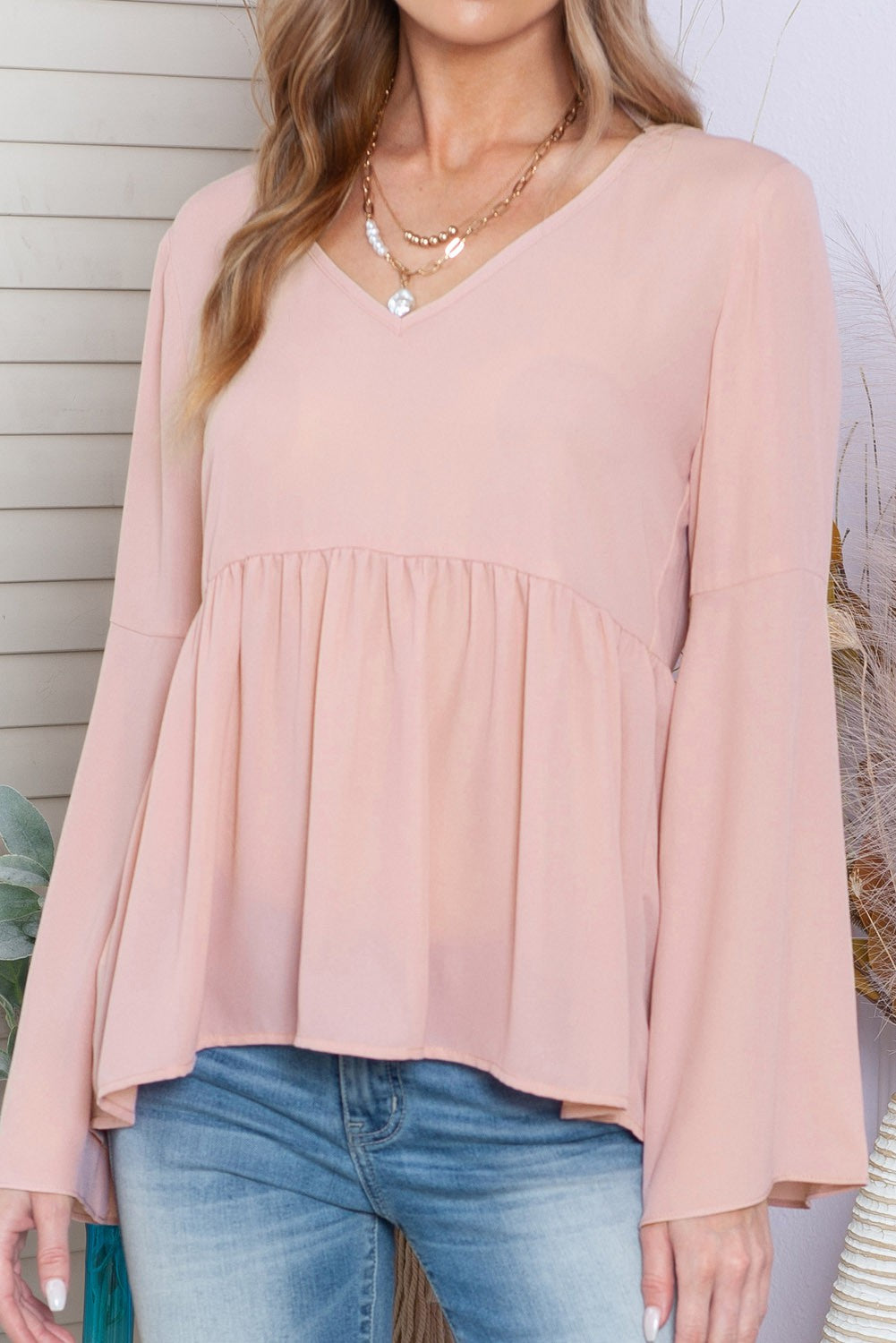 Pink Wide Sleeve V-Neck Tie Back Blouse