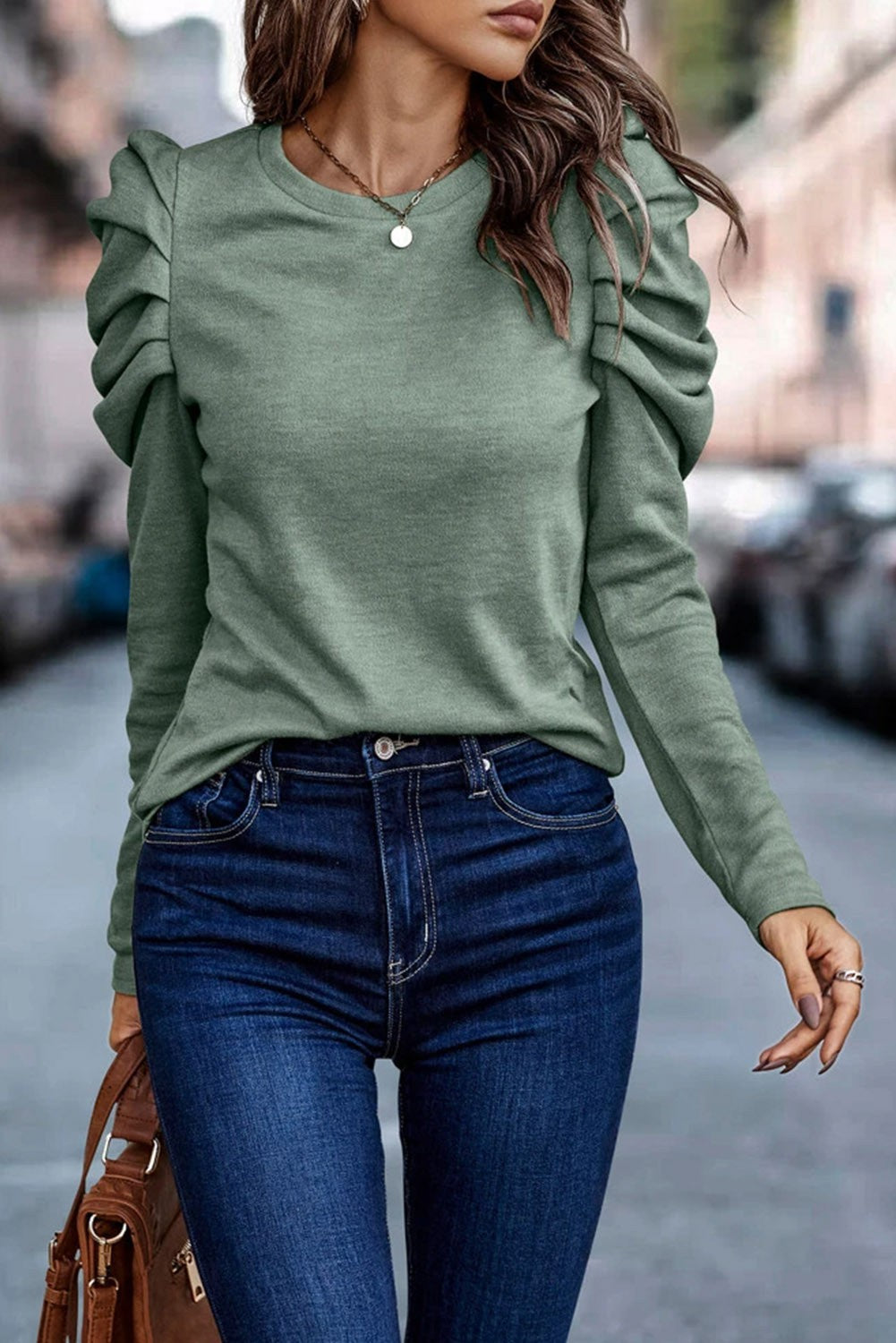 Teal Puff Long Sleeve w/ Gold Button Detail