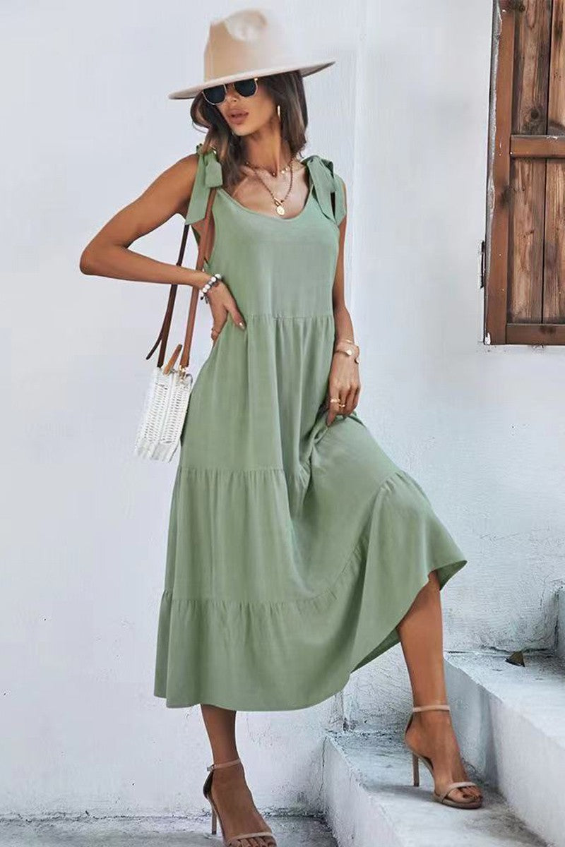 Sage Tiered Midi Dress w/ Shoulder Ties