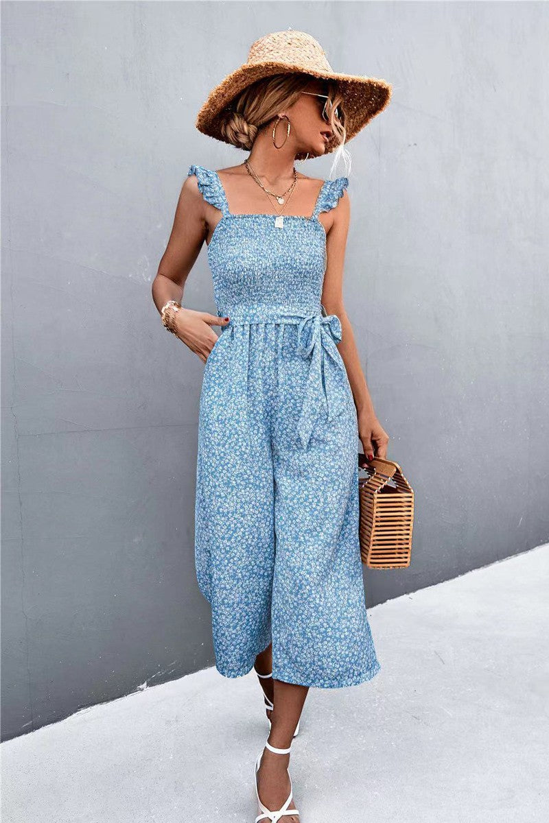 Blue Floral Sleeveless Jumpsuit