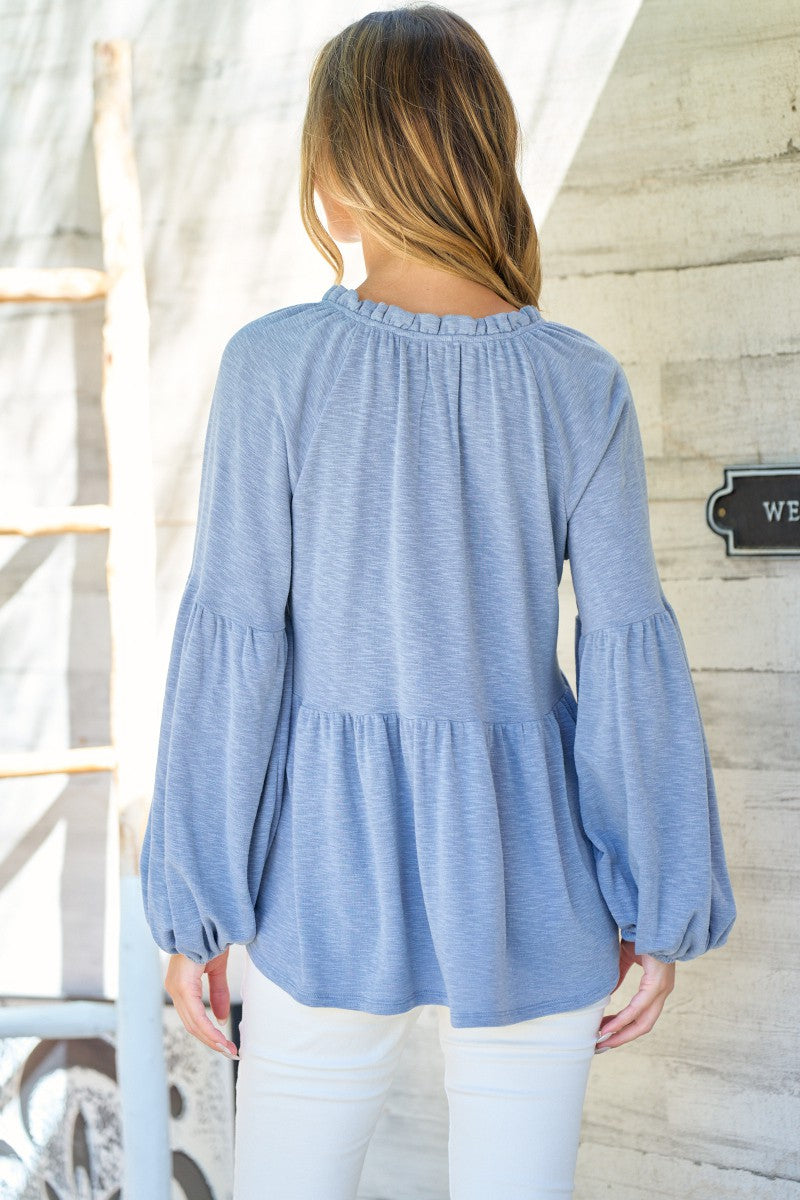 Blue Babydoll Knit Top w/ Tie Neckline