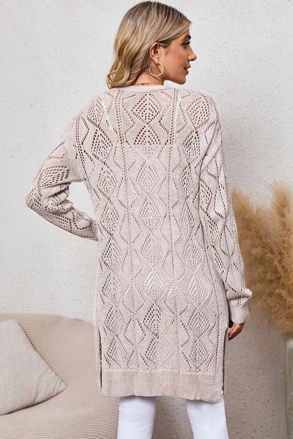 Khaki Openwork Knit Cardigan