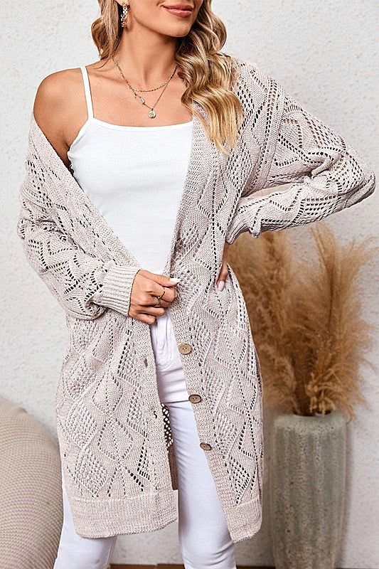 Khaki Openwork Knit Cardigan