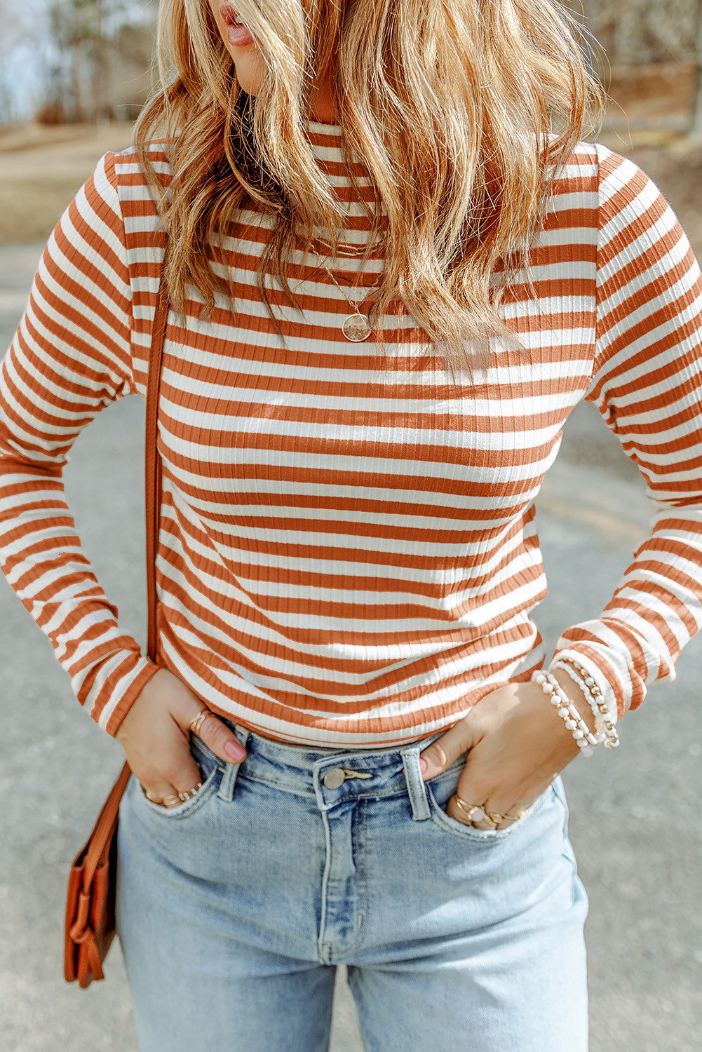 Striped, Ribbed Turtleneck Long Sleeve
