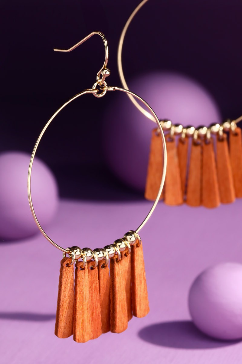 Hoop Drop Earrings with Wooden Bar Charms