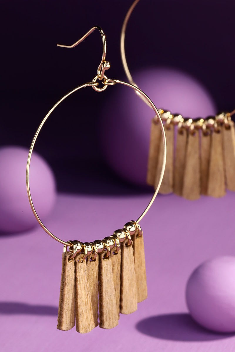 Hoop Drop Earrings with Wooden Bar Charms