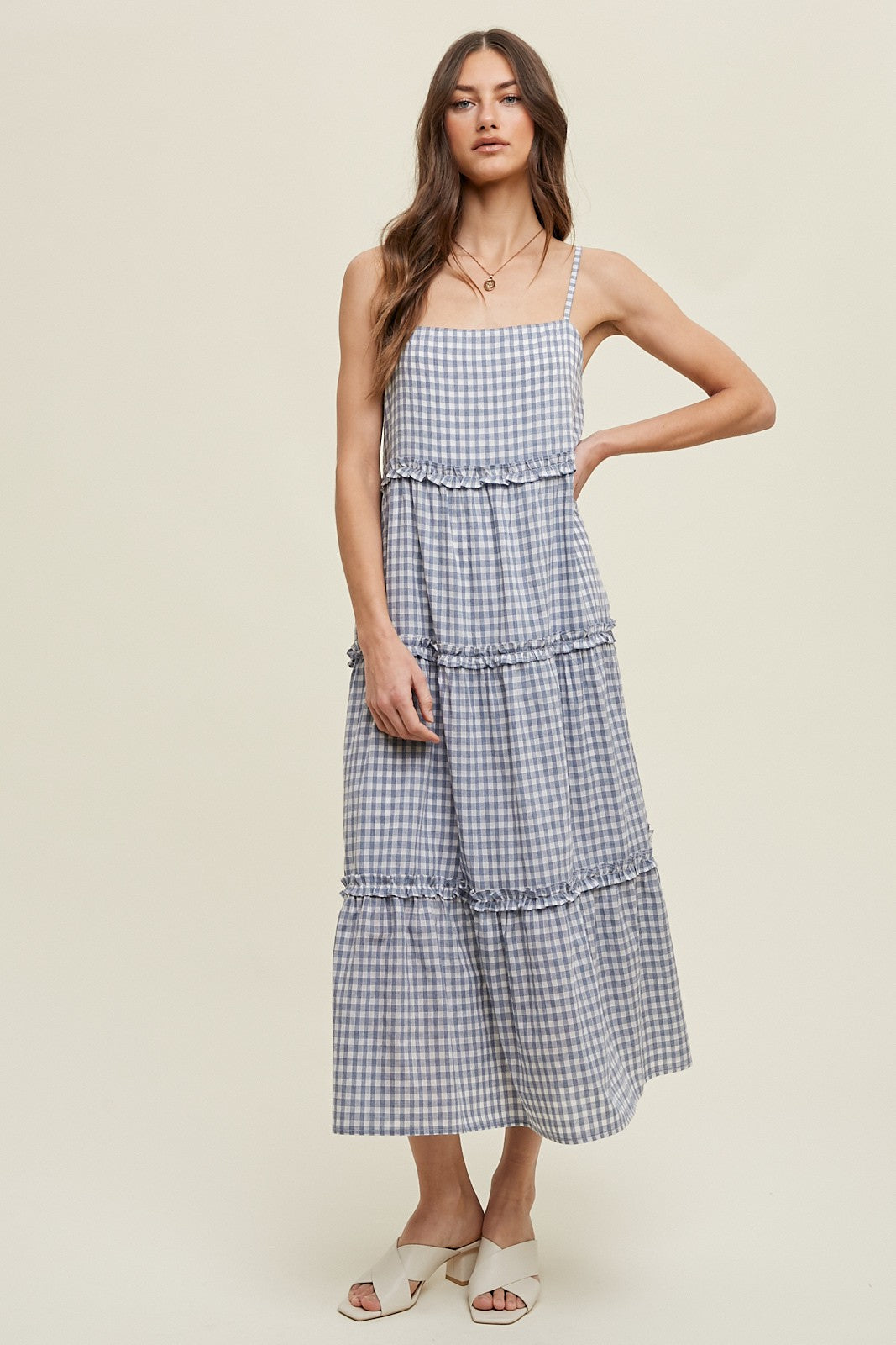 Blue Gingham Tiered Midi Dress w/ Pockets – The Trendy Side