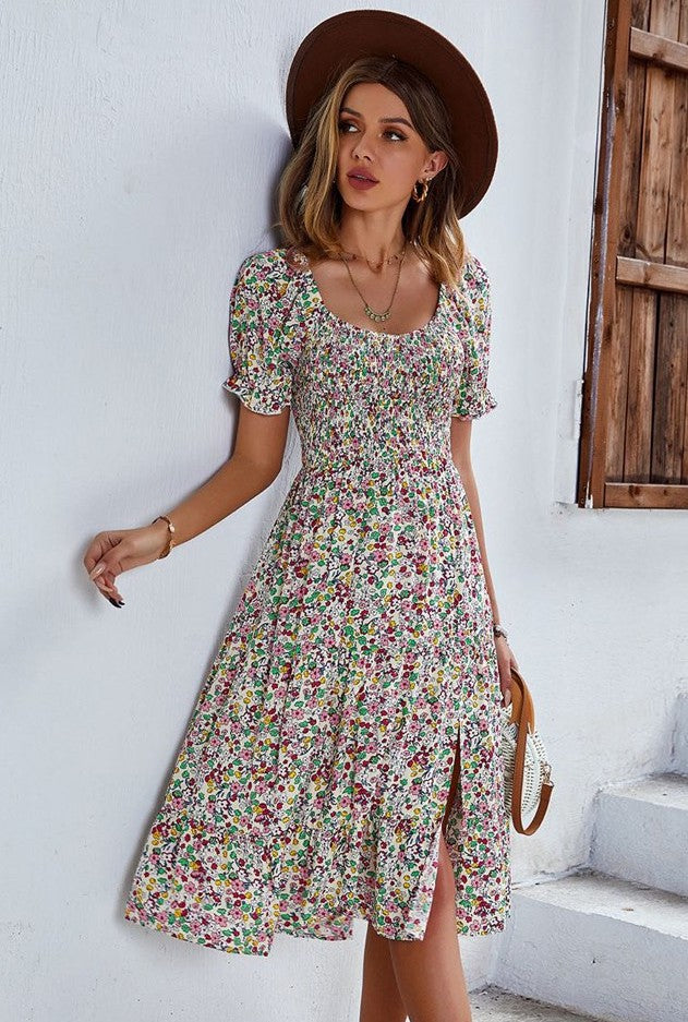 Bright Floral Midi Dress w/ Small Slit