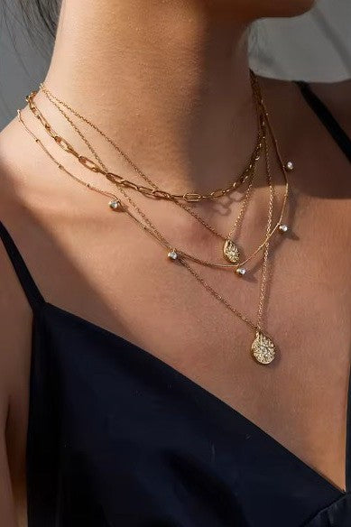 Gold Multi Layer Stone Chain + Charm Necklace