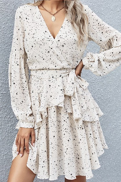 White Starry Print Long Sleeve Mini Dress