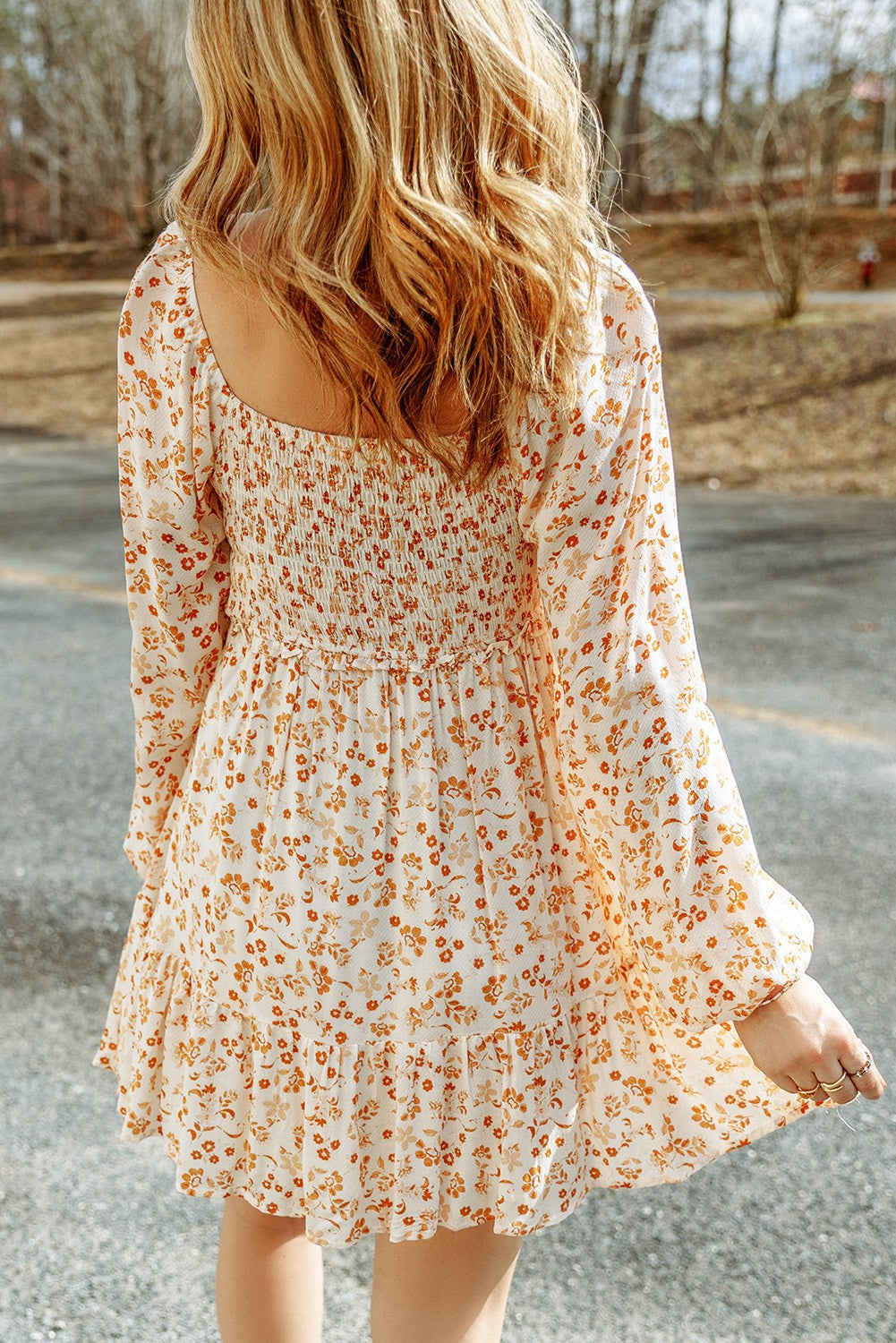 Apricot Floral Smocked Long Sleeve Mini Dress