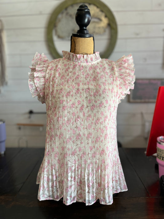 Pink Floral Pleated High Neck Blouse