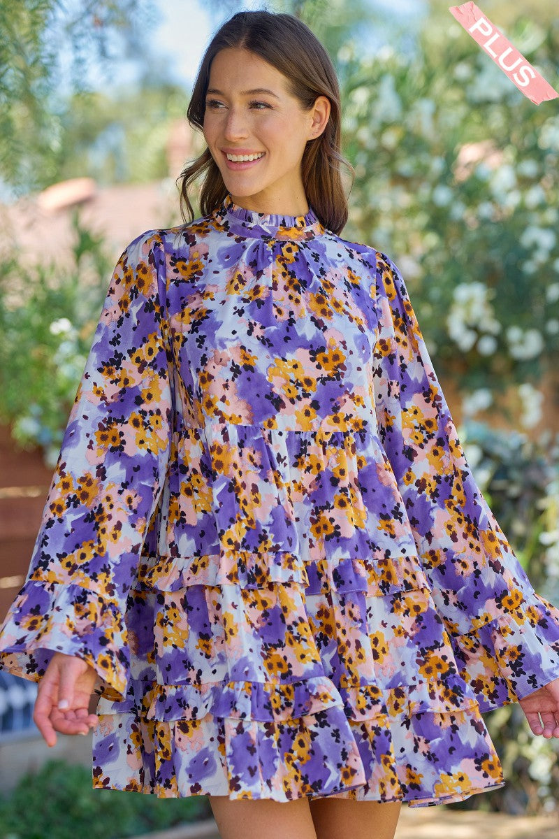 Purple & Yellow Floral Babydoll Mini Dress