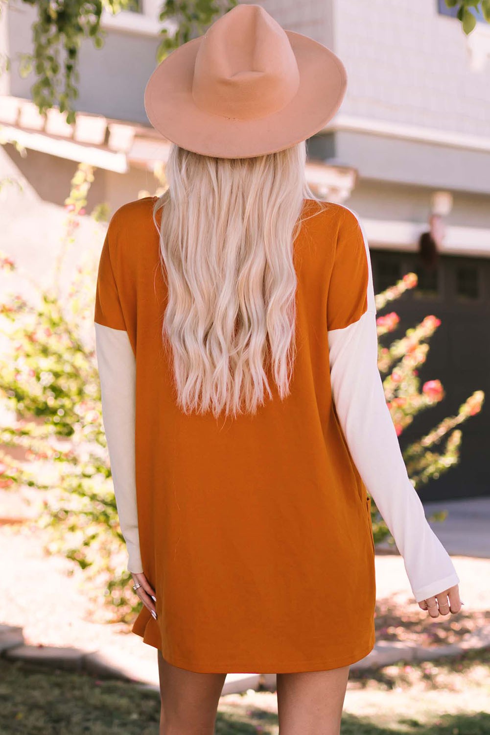Orange Color Block Long Sleeve T-Shirt Dress