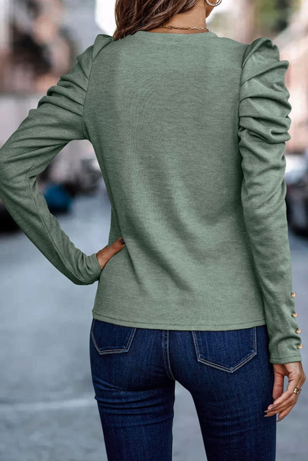 Teal Puff Long Sleeve w/ Gold Button Detail