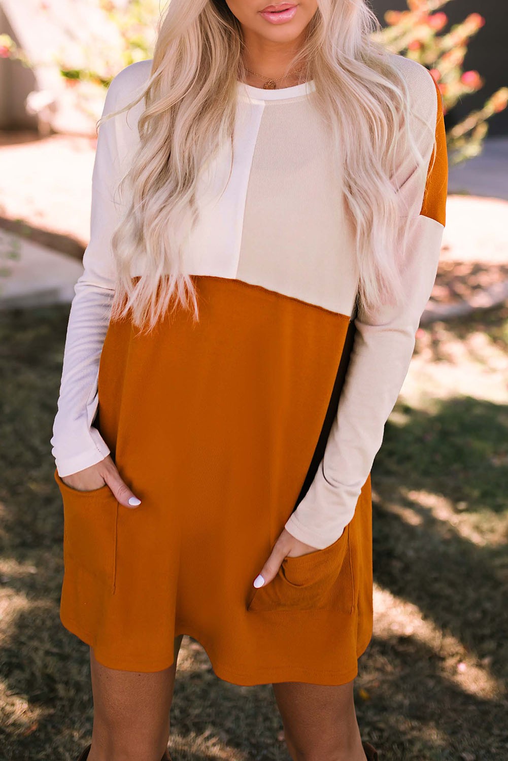 Orange Color Block Long Sleeve T-Shirt Dress