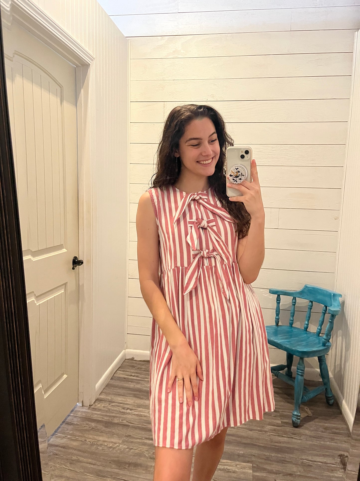 Rose Vertical Striped Front Bow Detail Mini Dress
