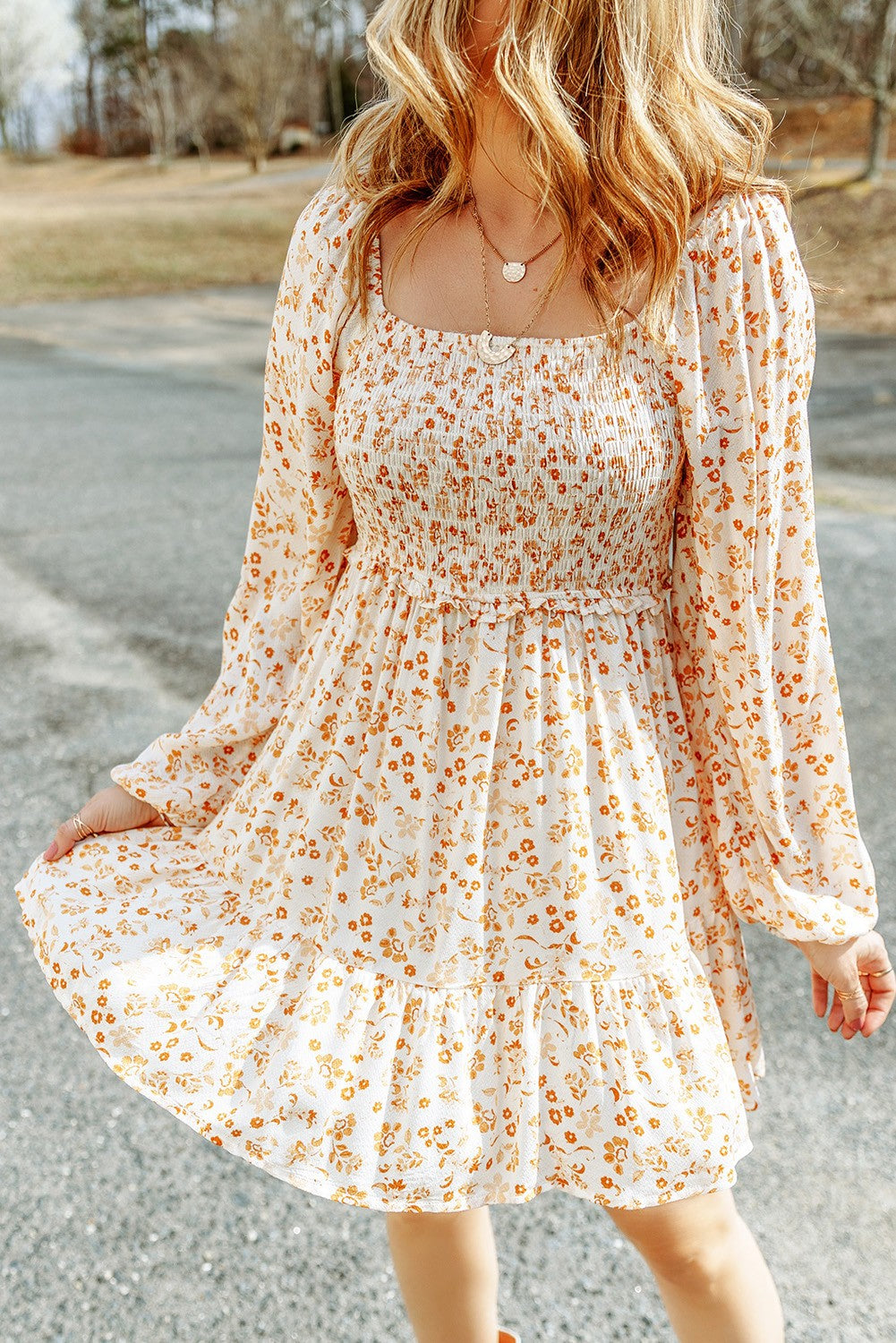 Apricot Floral Smocked Long Sleeve Mini Dress