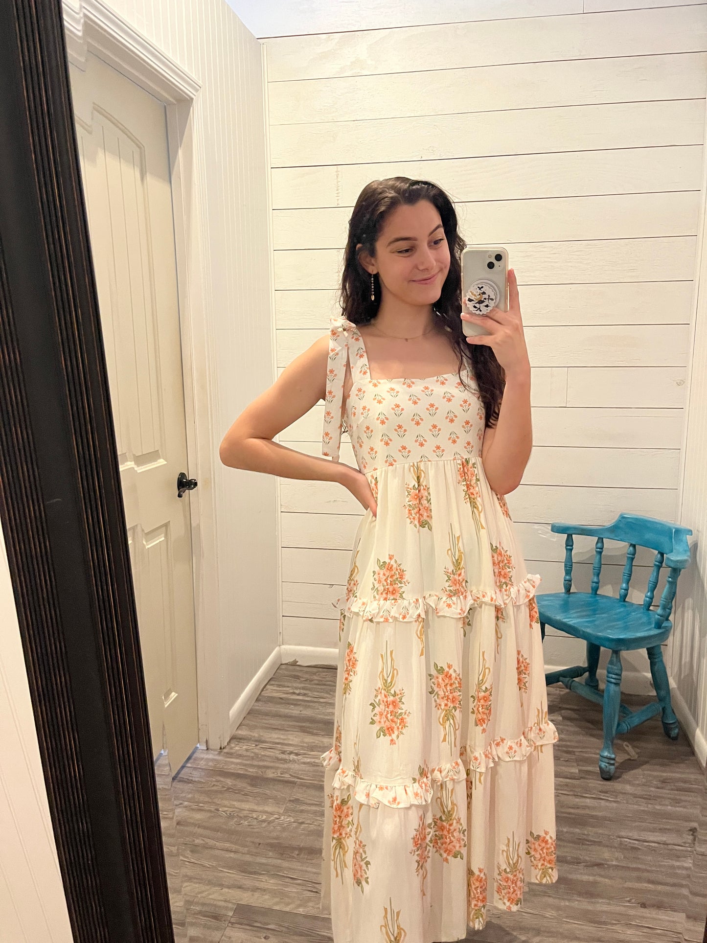 Apricot Multi Floral Bouquet Print Tie Strap Midi Dress