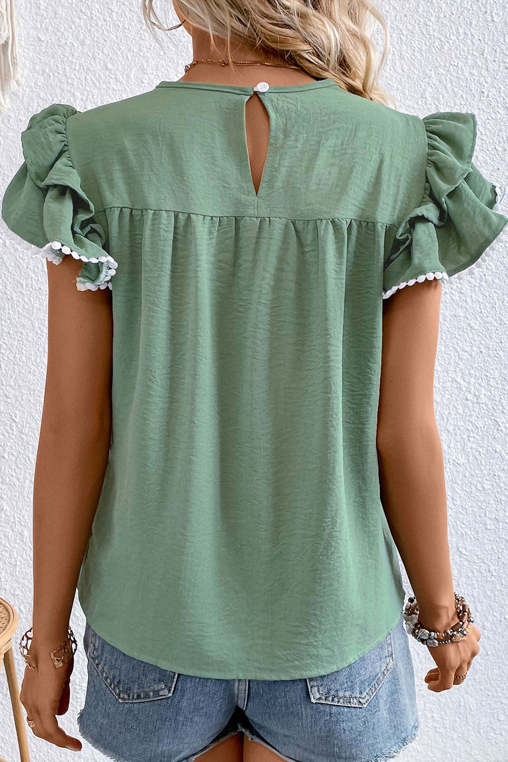 Sage Ruffle Sleeve Blouse w/ White Trim