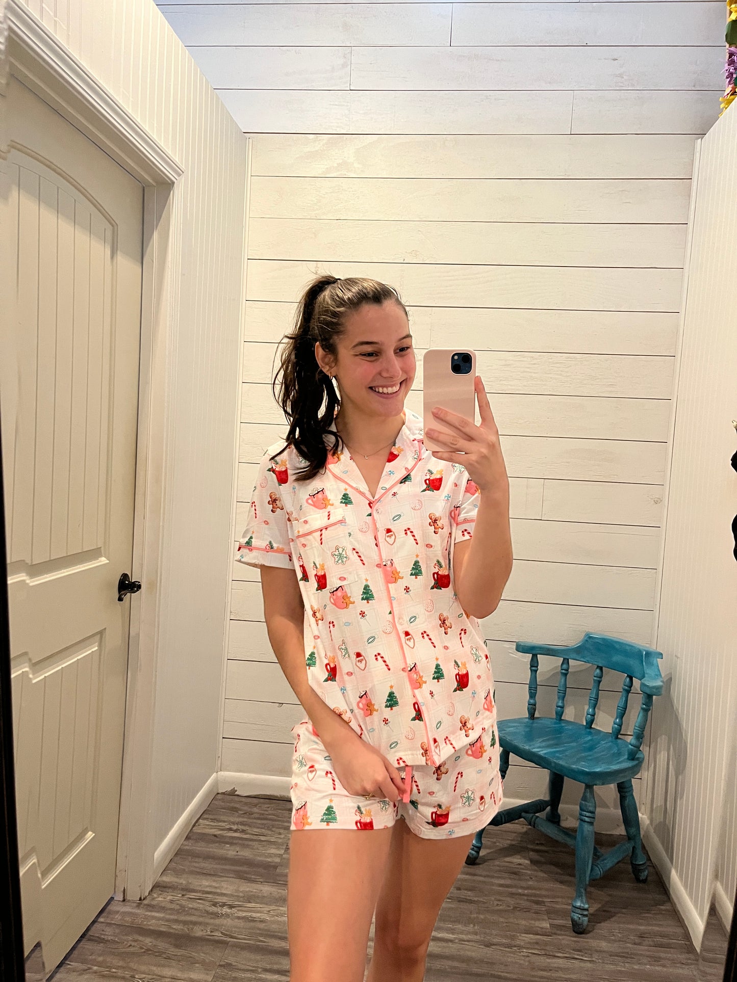 Festive Printed Button Up Christmas PJ Top + Bottom Set