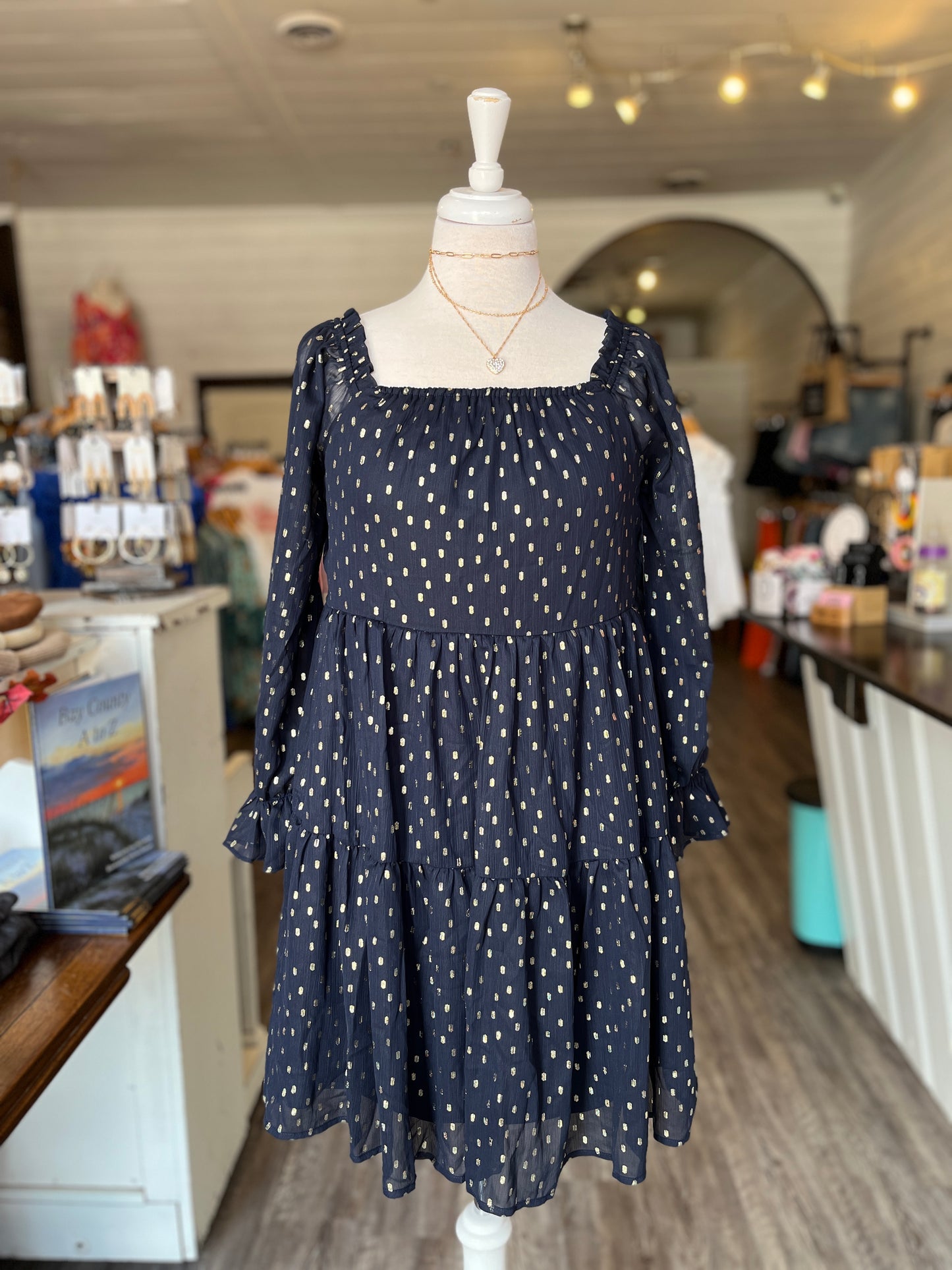Navy Blue Long Sleeve Babydoll Mini Dress w/ Metallic Polka Dots