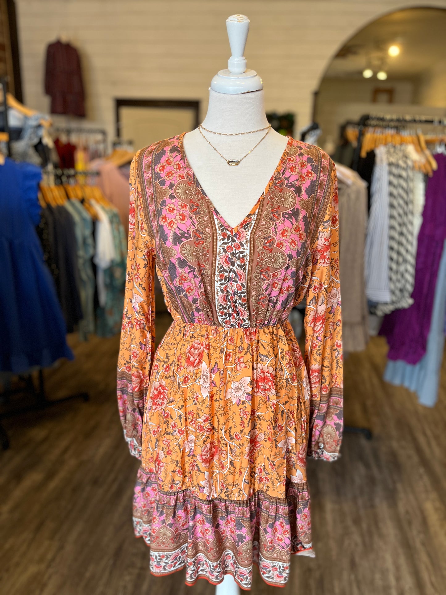 Orange V-Neck Boho Floral Mini Dress