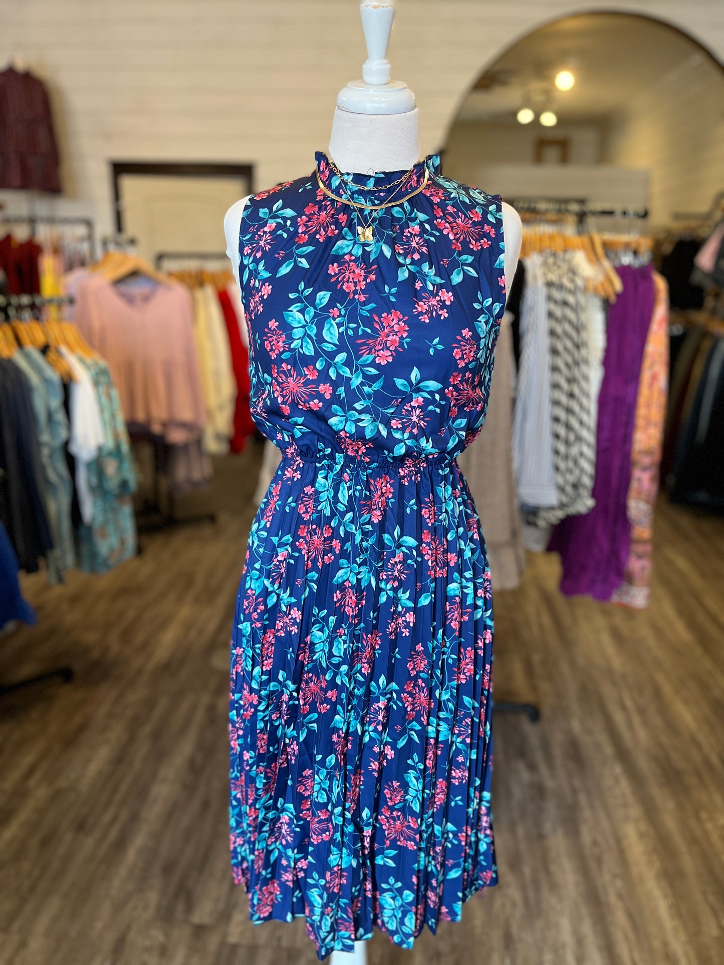Blue Floral High Neck Dress w/ Pleated Skirt