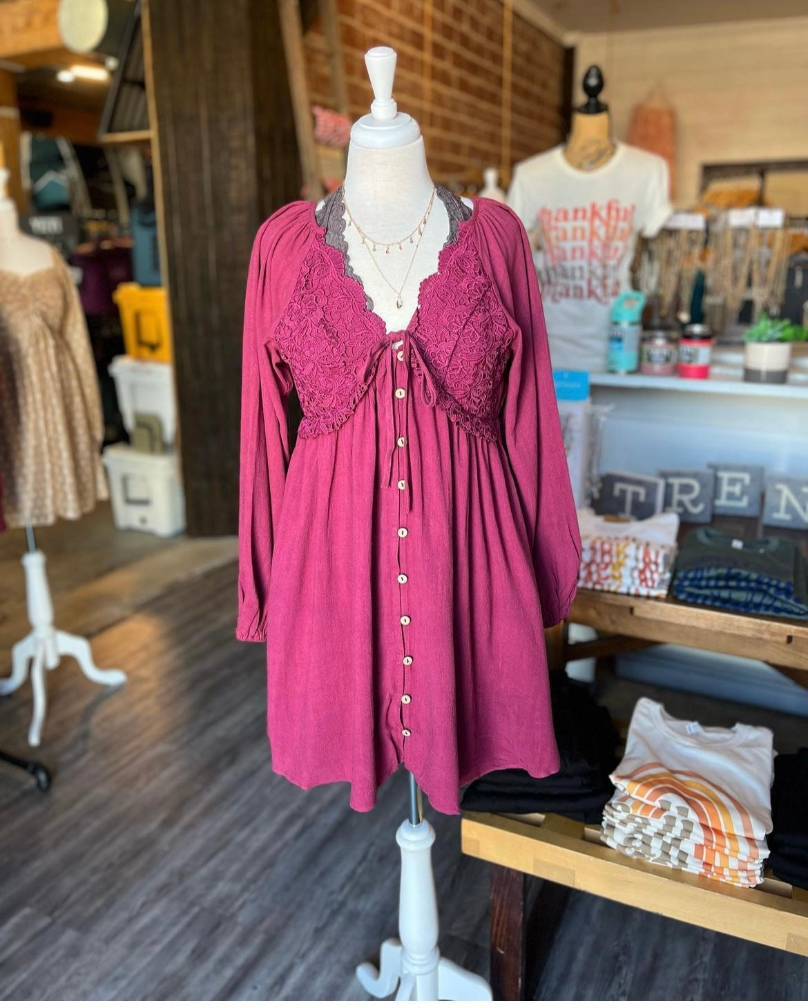 Burgundy Lacey Bodice Button Down Mini Dress