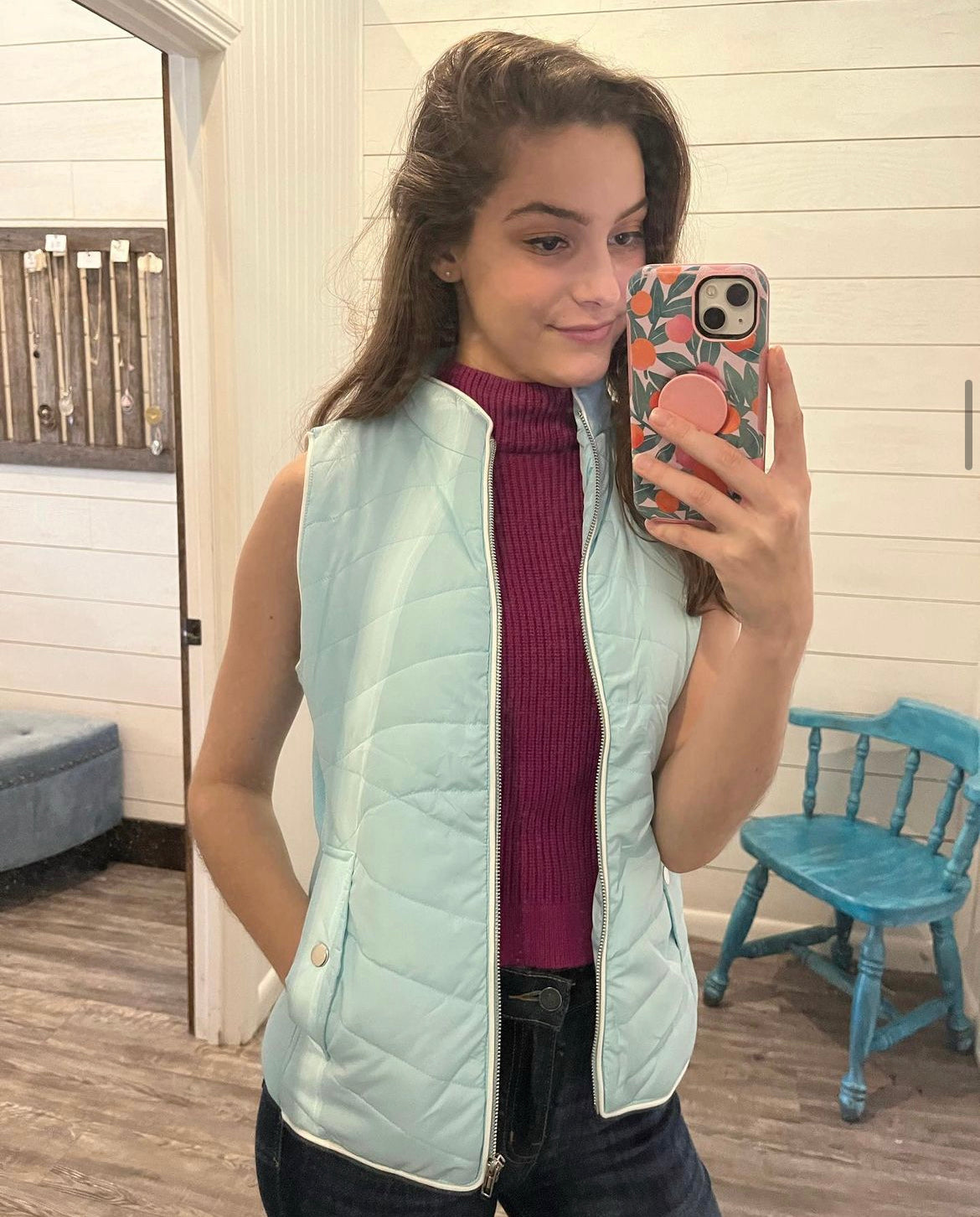 Blue Zip-Up Puffer Vest