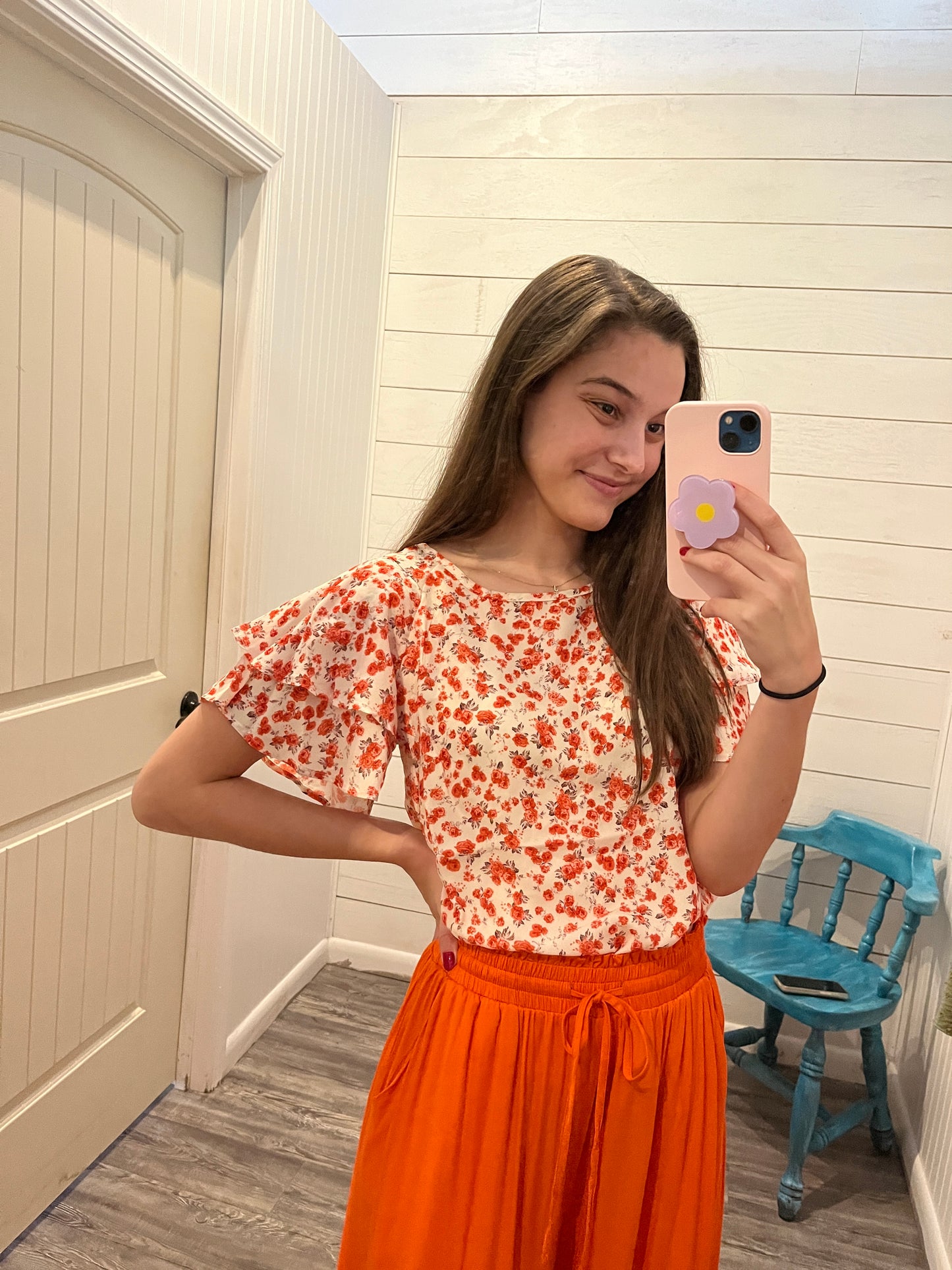 Orange Floral Flutter Sleeve Blouse