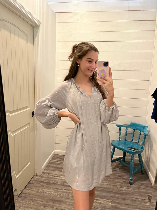 Long Sleeve V-Neck Mini Dress w/ Metallic Polka Dots