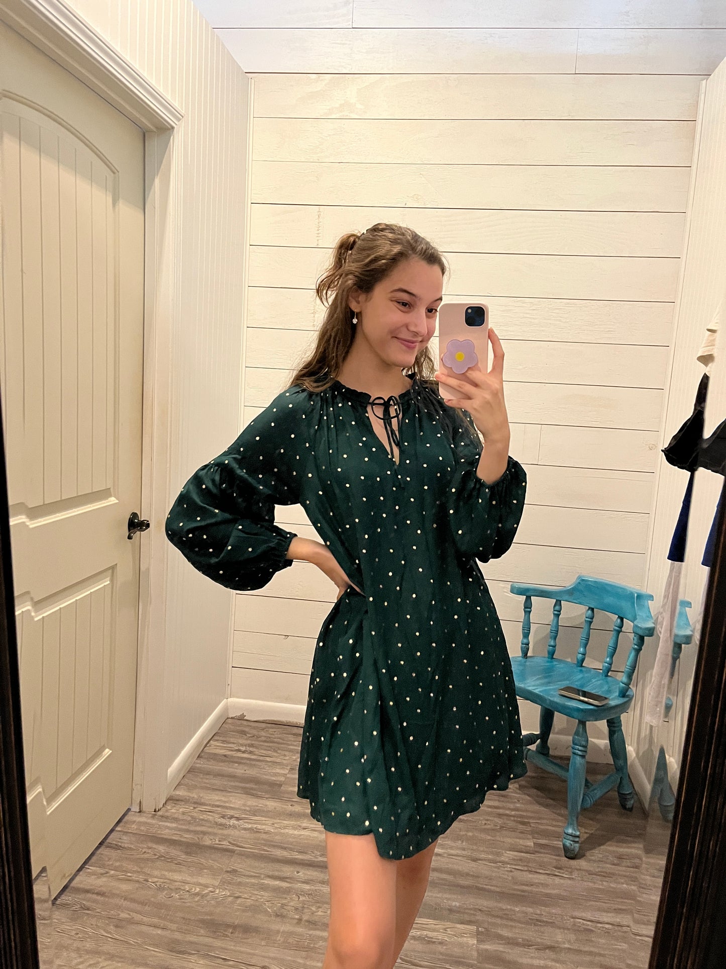 Long Sleeve V-Neck Mini Dress w/ Metallic Polka Dots