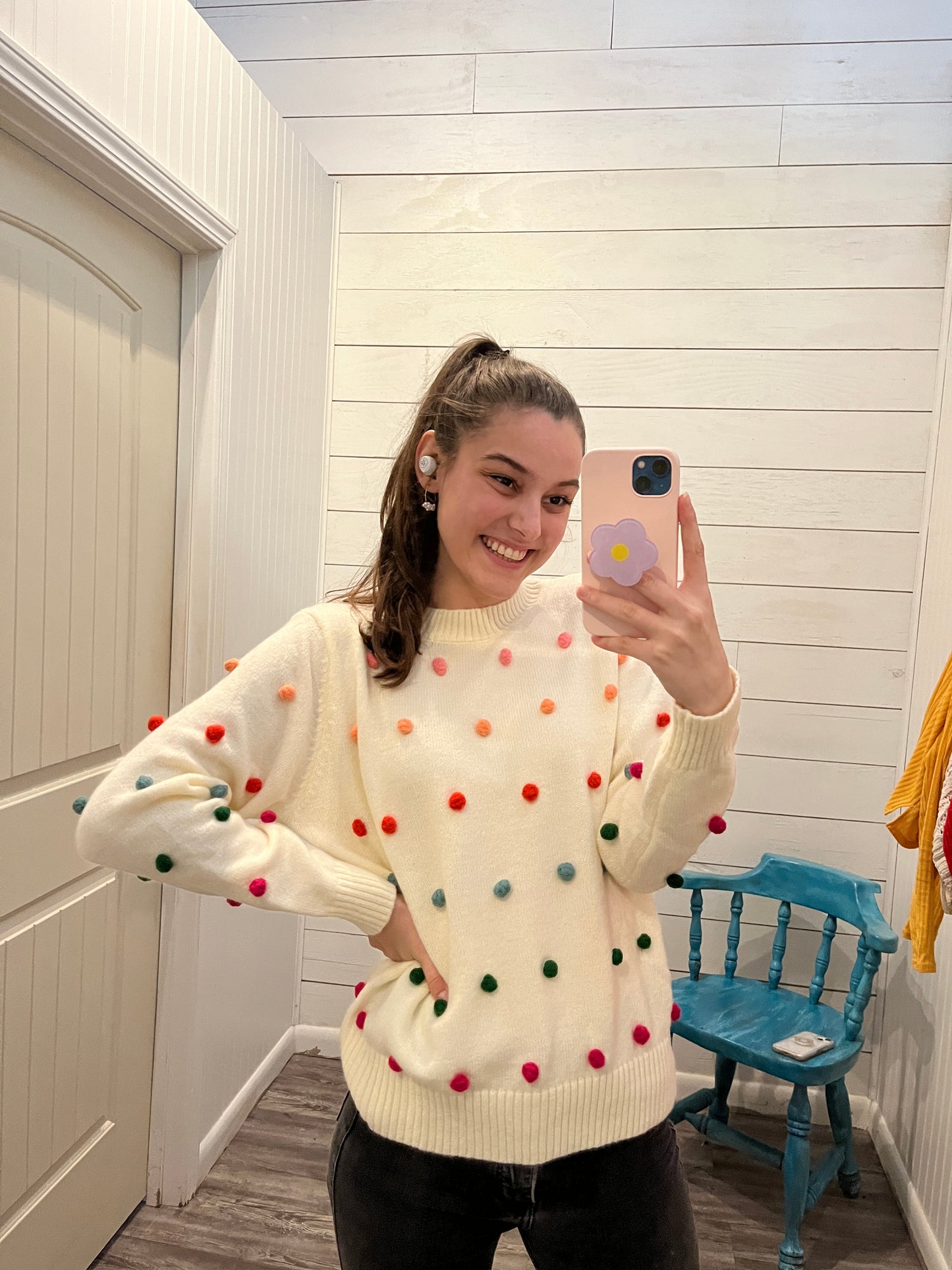 Pom Pom Accent Knit Sweater