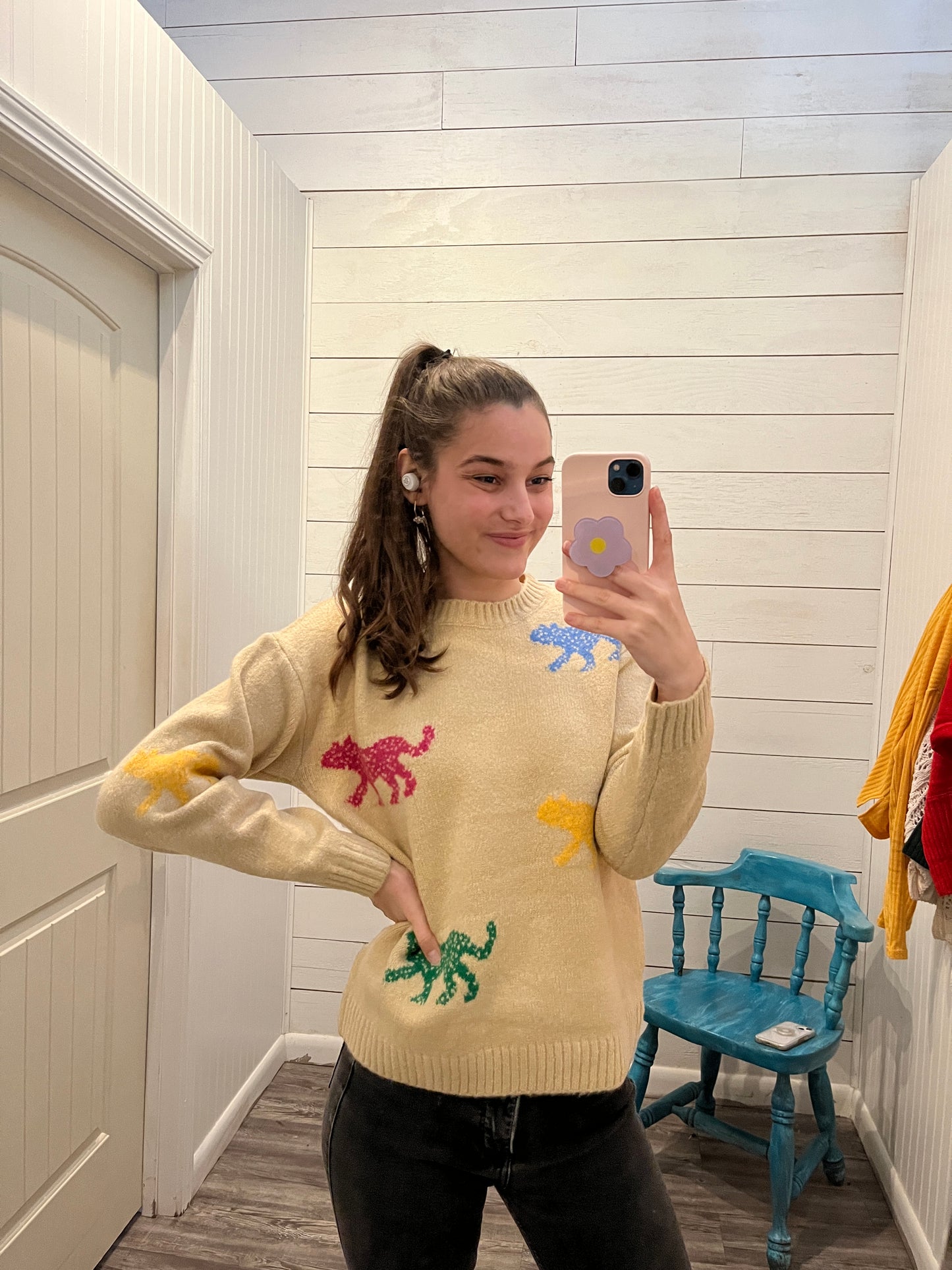 Beige Sweater with Colorful Tiger Print