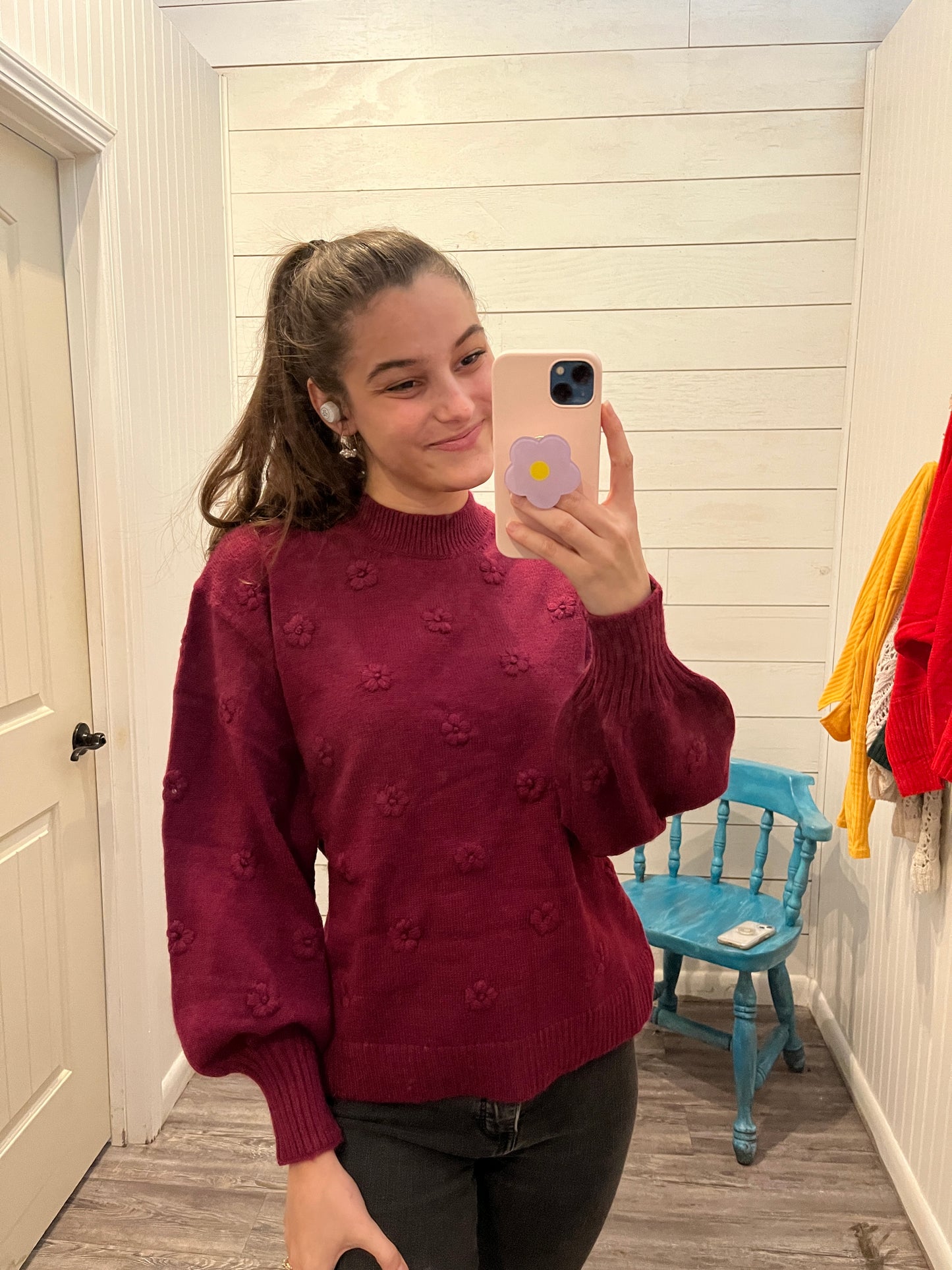 High Neck Knit Sweater with Flower Details