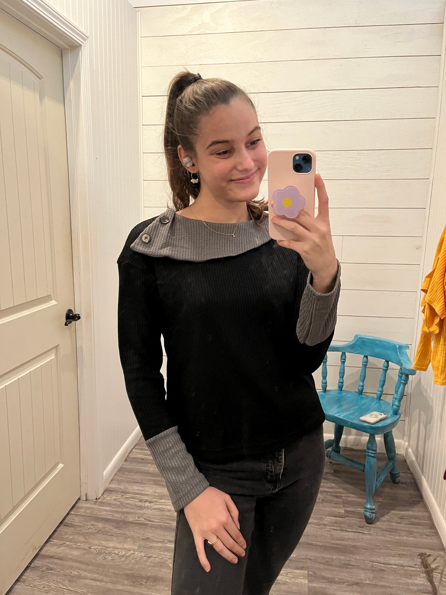 Black Waffle Knit Color Block Asymmetrical Top