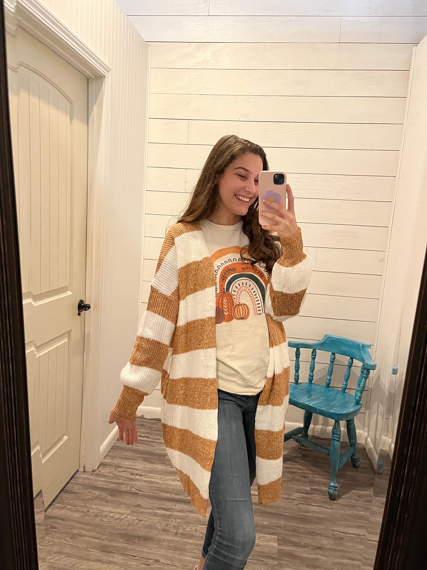 Khaki Striped Open Front Cardigan