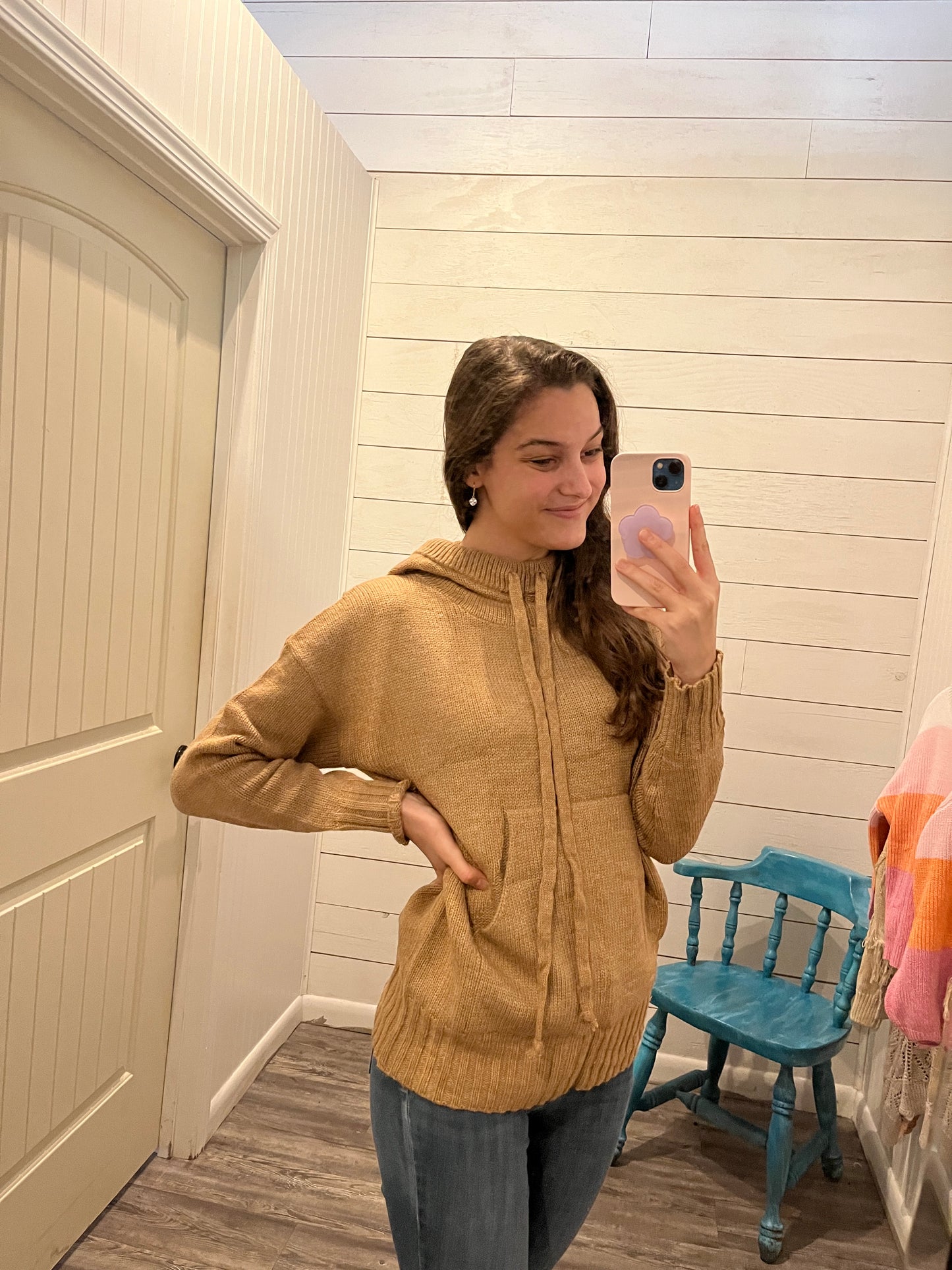 Brown Cowl Neck Hooded Sweater