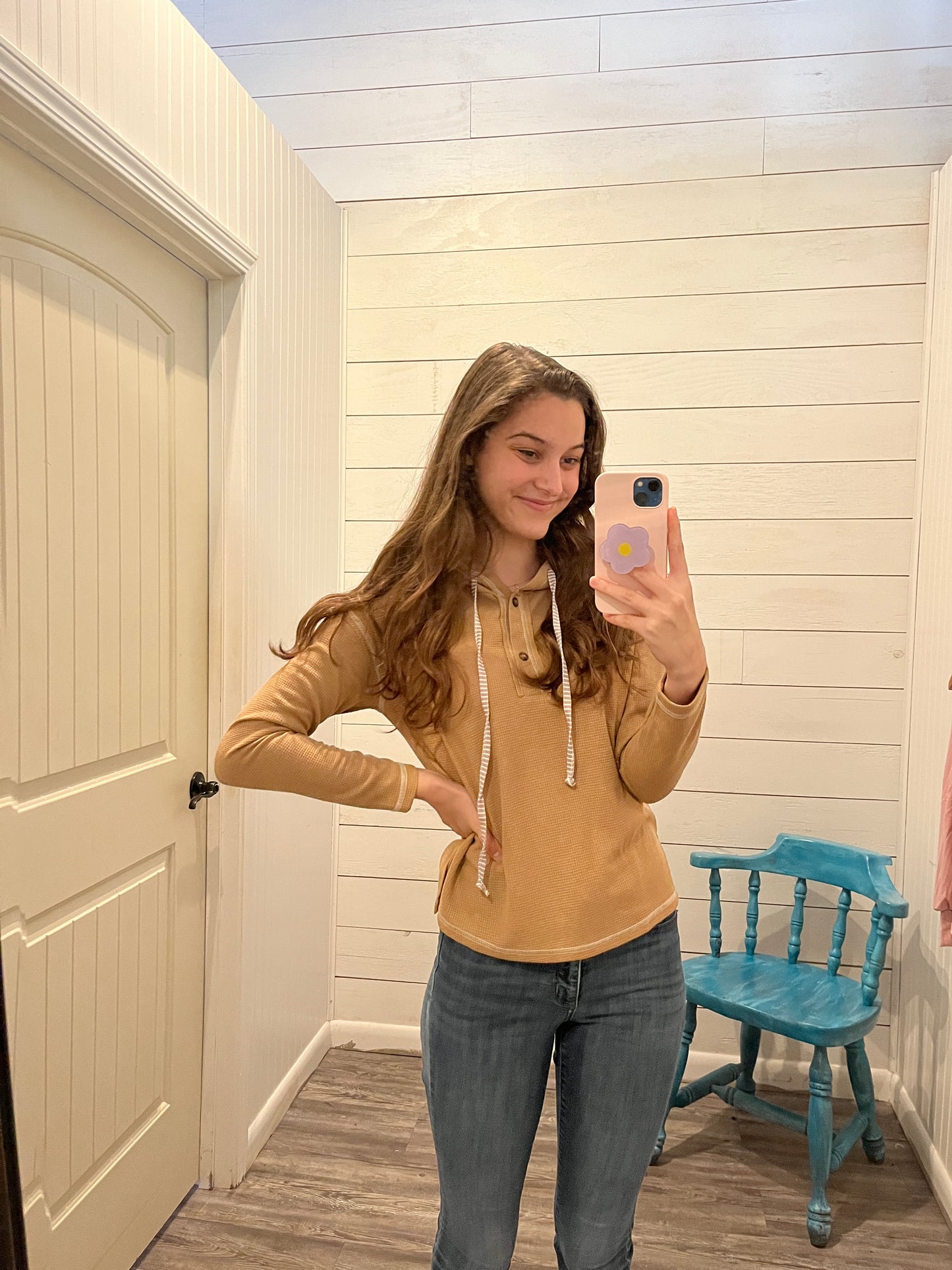 Khaki Waffle Knit Hooded Henley Top