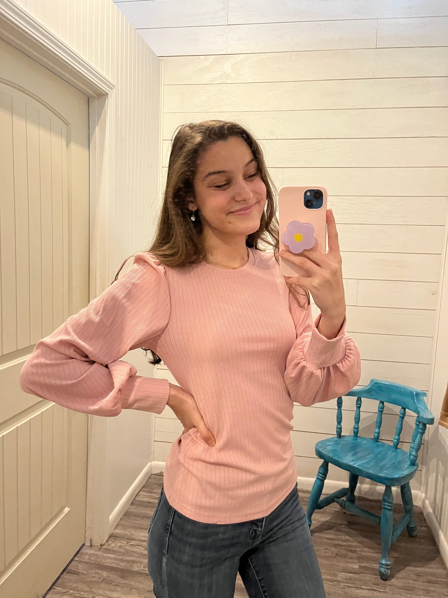 Pink Textured Bishop Sleeve Top