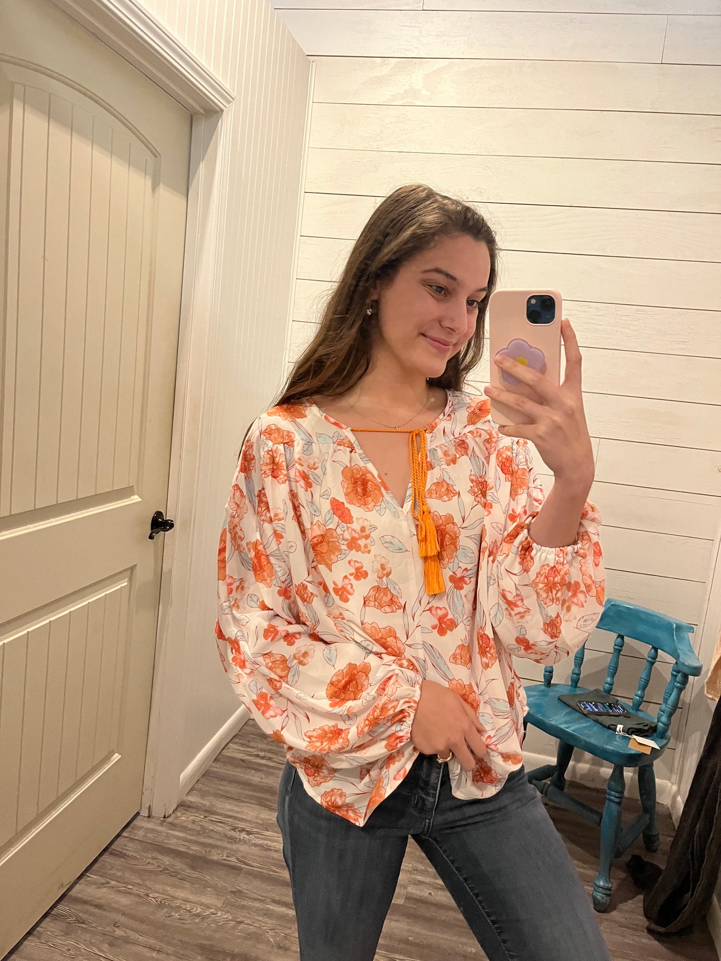 Orange Rust Floral Blouse with Tassel Detail
