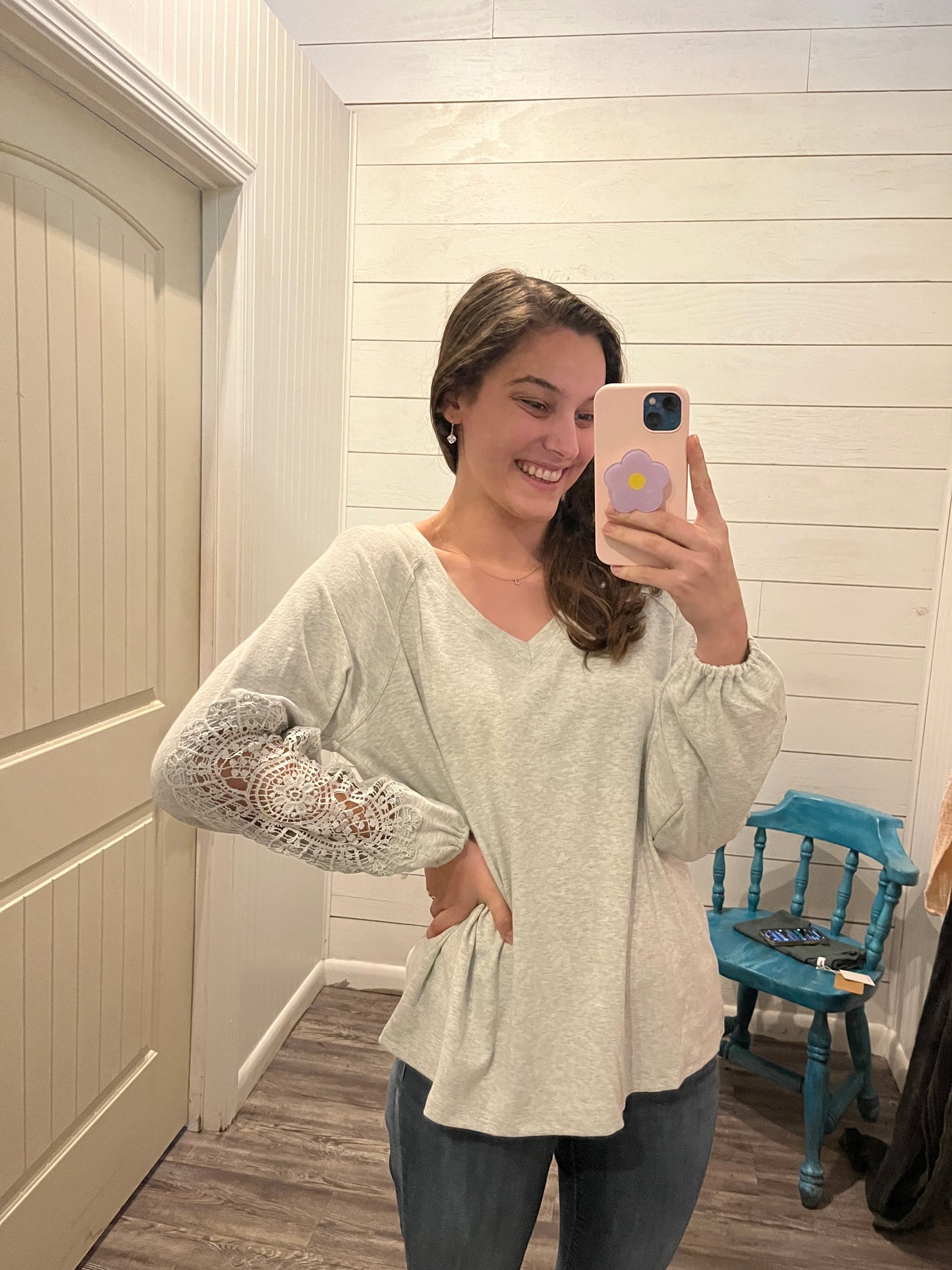 Grey V-Neck Casual Long Sleeve w/ Lace Details