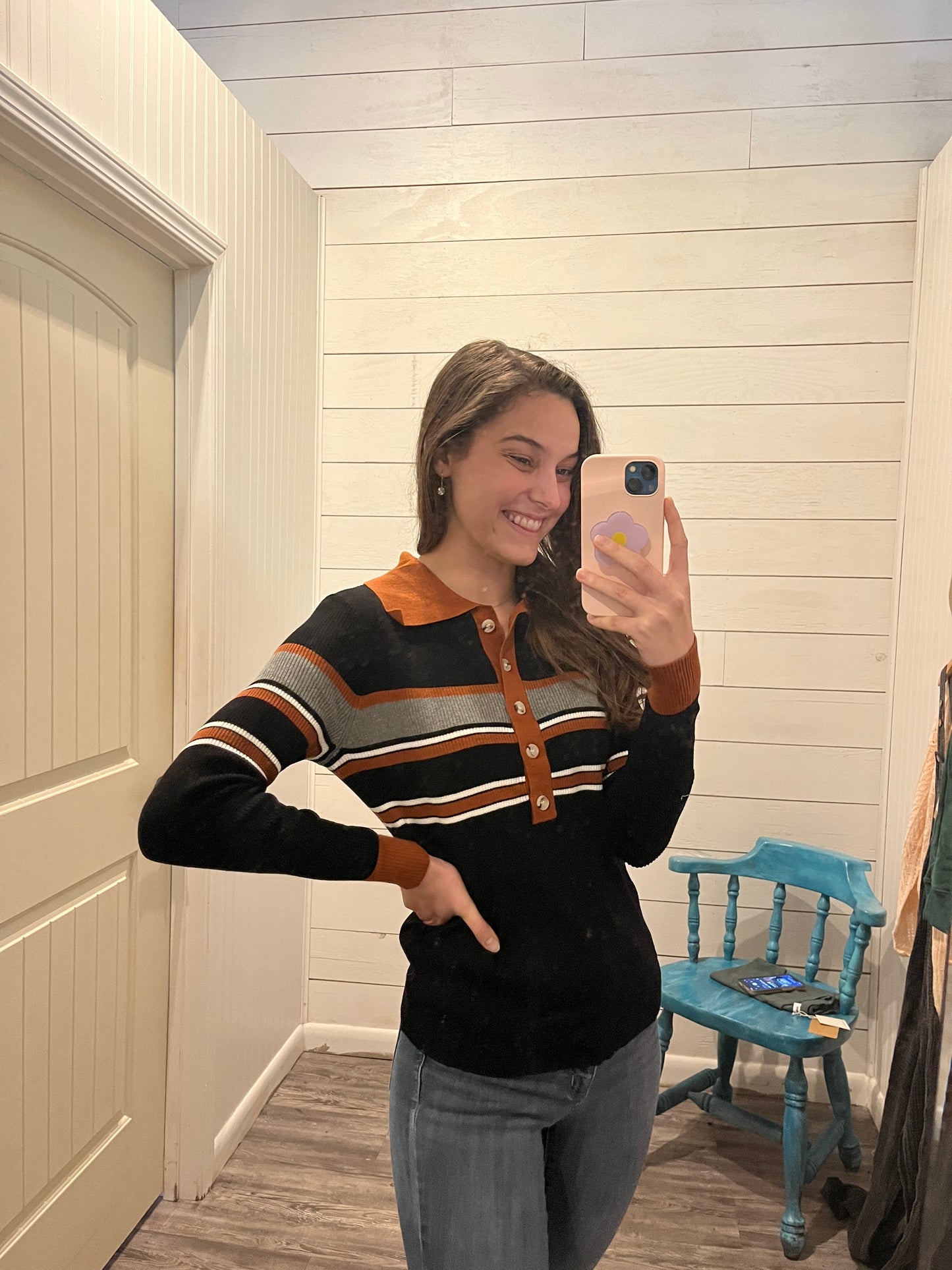 Black Rib Knit Striped Henley Top