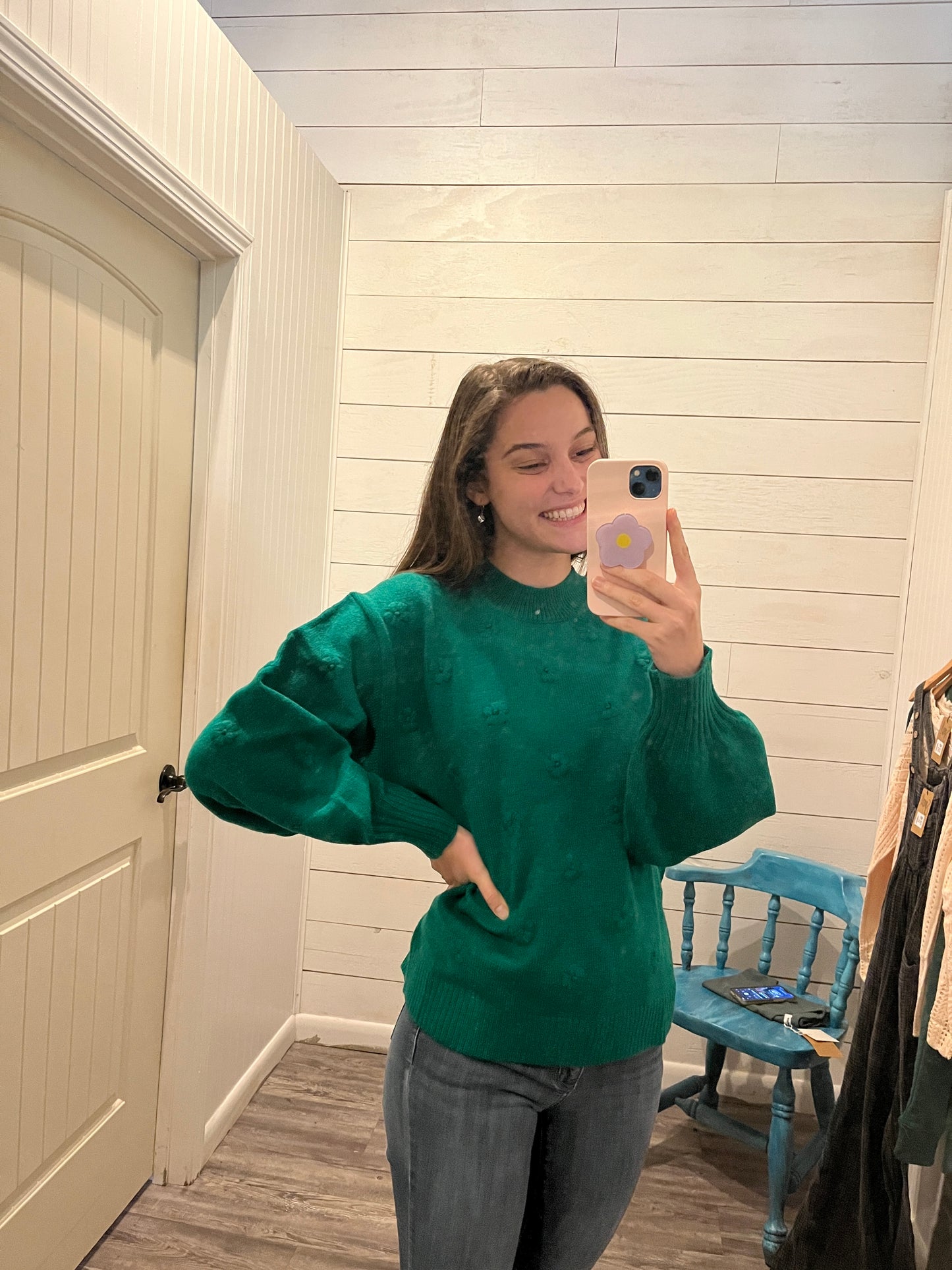 High Neck Knit Sweater with Flower Details