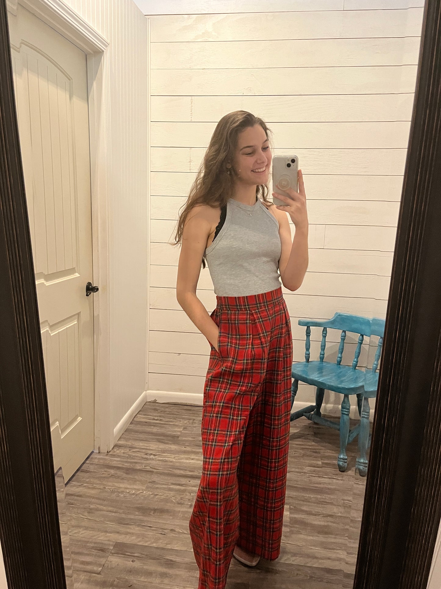 Red Plaid High Waisted Pants w/ Pockets